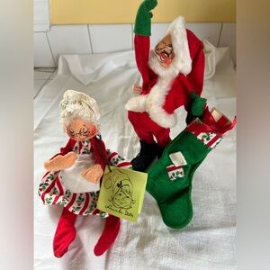 Annalee Santa with stocking and Mrs. Claus Dolls